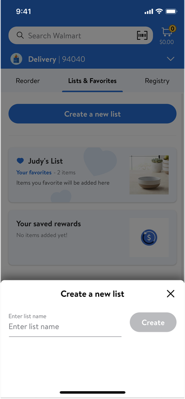Walmart Creating a new list screen