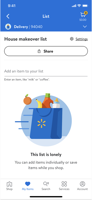 Walmart Creating a new list screen